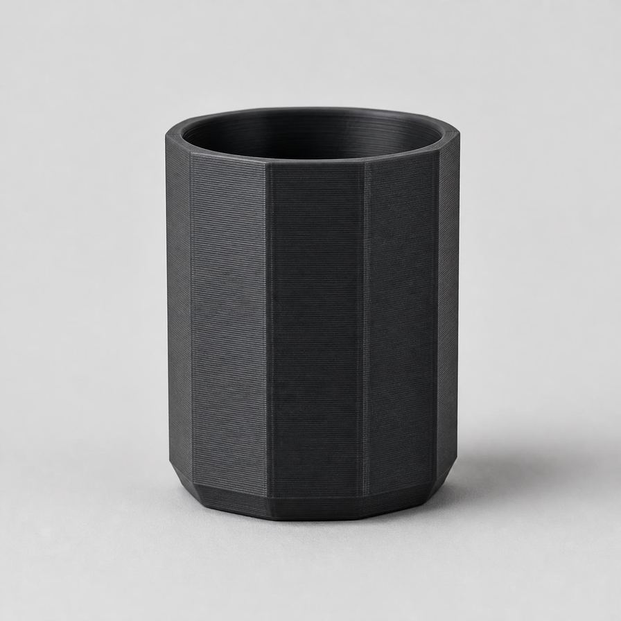 Matte charcoal 3D-printed PLA pen holder on a neutral background